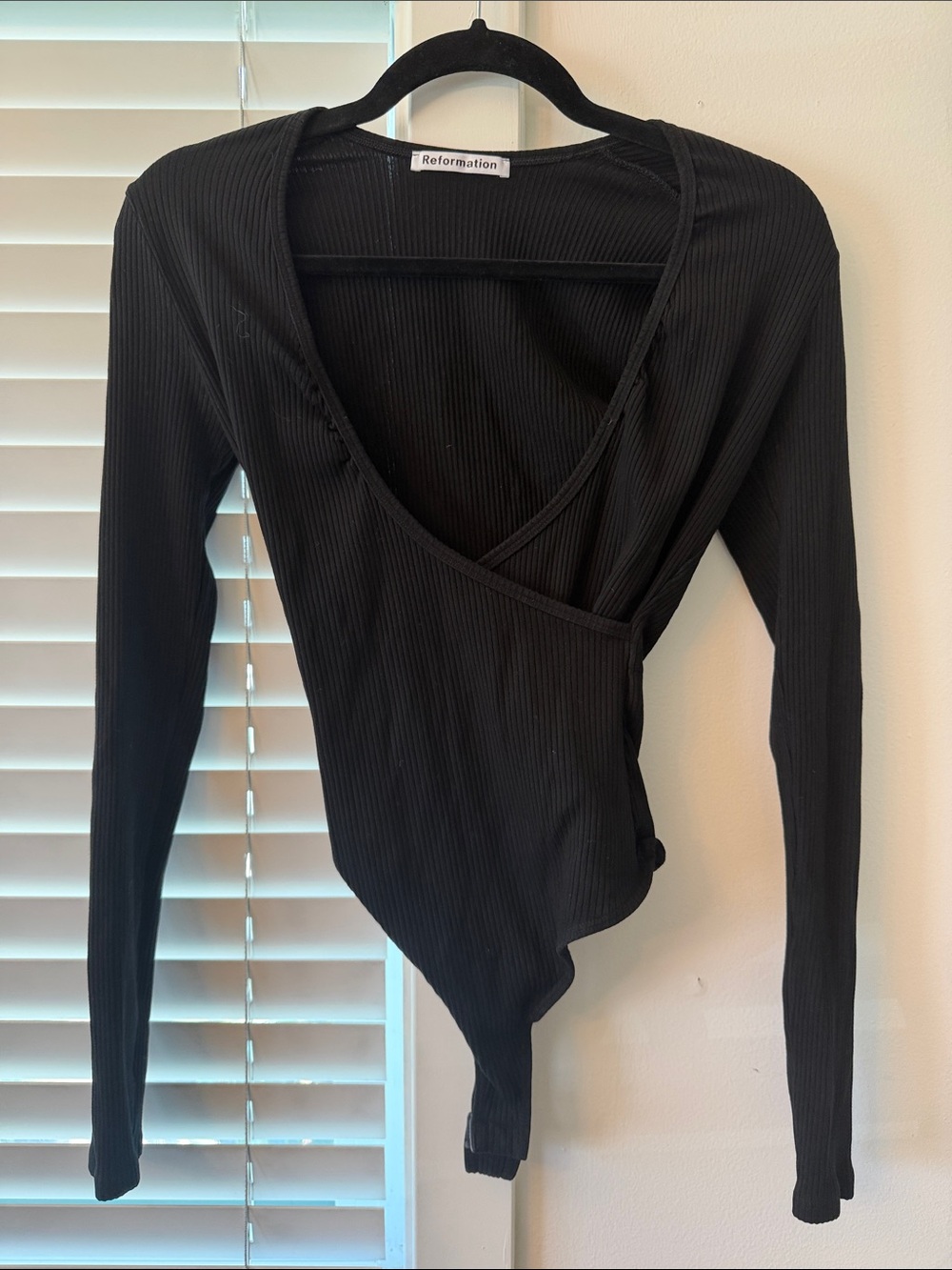 Reformation Black Ribbed Wrap Bodysuit - Long Sleeve